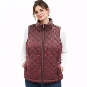 Christopher Banks Quilted Puffer Vest Sz X Large 12/14 Burgundy Floral Zip Front